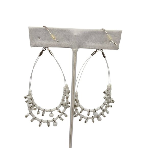 Women's Silver Tone Avon Bohemian Princess White Dangle Tear Drop Hoop Earrings - Picture 2 of 5